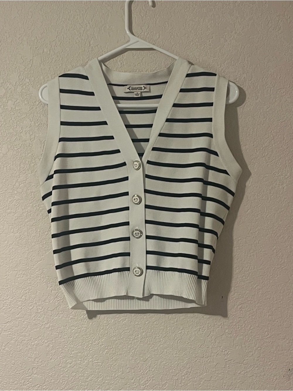 Nanette Lepore White and Black Striped V-Neck Knit Vest